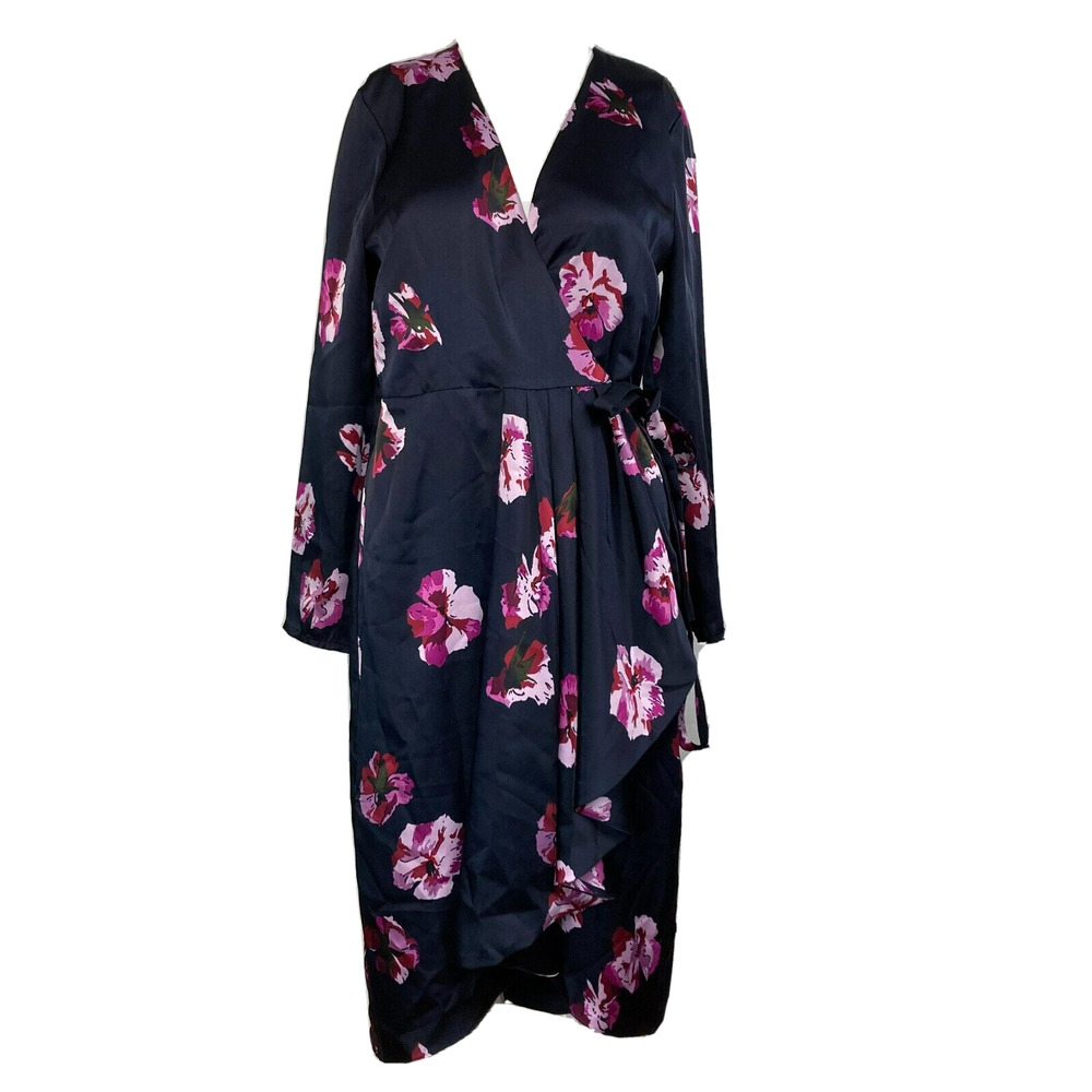 Joie Dress Womens Sz S Navy Blue Pink Floral Satin Wrap Waist Tie Pleated Ruffle